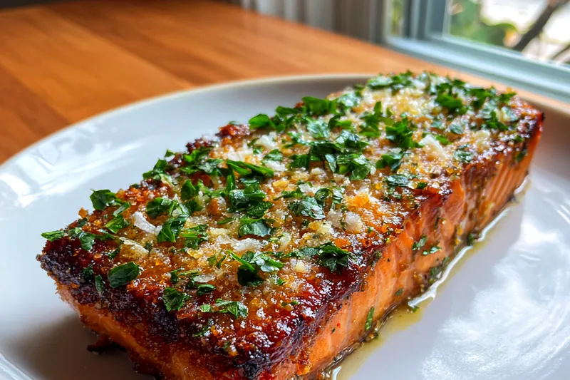 An action shot of Chef Mitchell baking Crispy Parmesan Basil Salmon in the oven.