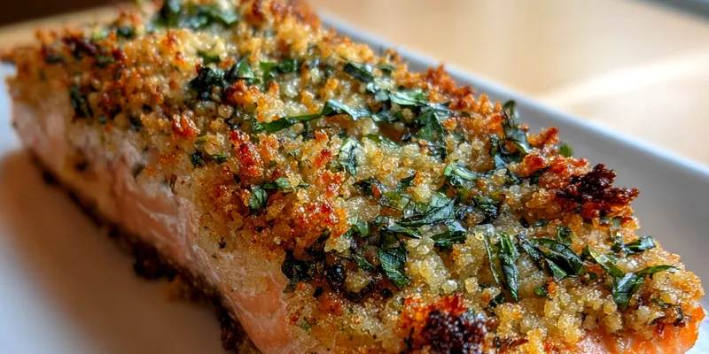 A beautifully plated Crispy Parmesan Basil Salmon garnished with fresh herbs, served with lemon wedges.