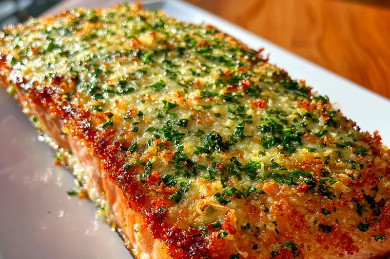 A vibrant display of ingredients used for Crispy Parmesan Basil Salmon, including salmon fillets, breadcrumbs, and fresh basil.