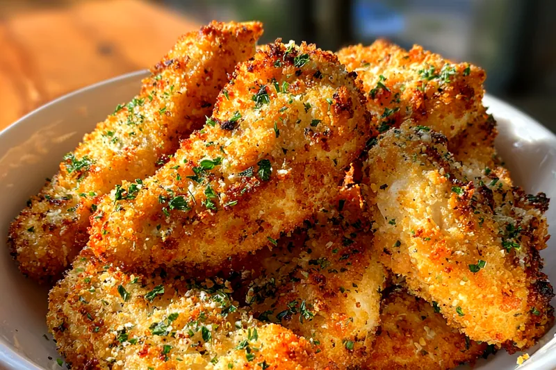 Chef frying crispy parmesan chicken tenders in a skillet until golden brown.