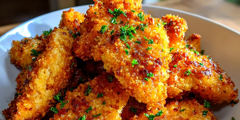 A plate of crispy parmesan chicken tenders served with dipping sauce and fresh herbs.