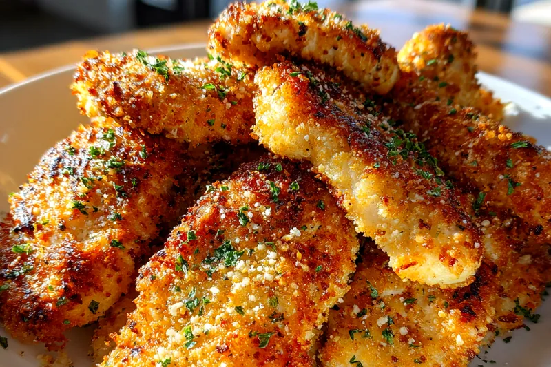 An organized display of ingredients for Crispy Parmesan Chicken Tenders including chicken, flour, eggs, and parmesan.