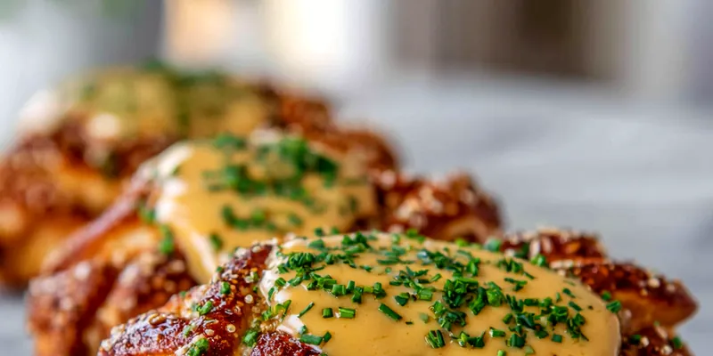Crispy Pretzel Chicken served with creamy sauce on a plate