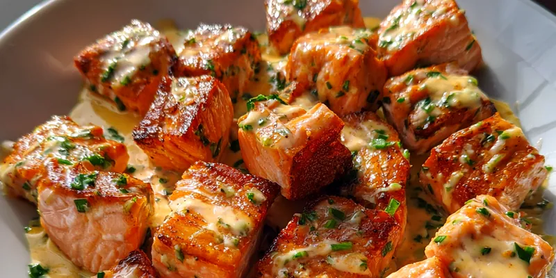 Delicious Crispy Salmon Bites with Herb Sauce served on a plate