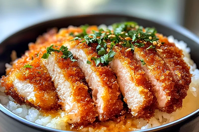 Chef frying pork cutlets in a skillet for Crispy Tonkatsu Rice Bowl.