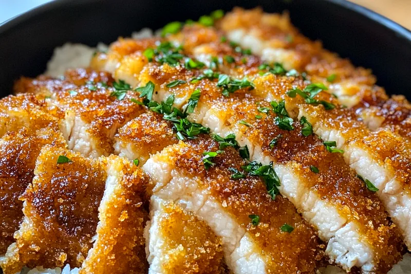 An array of fresh ingredients for Crispy Tonkatsu Rice Bowl including panko, pork, and fresh vegetables.