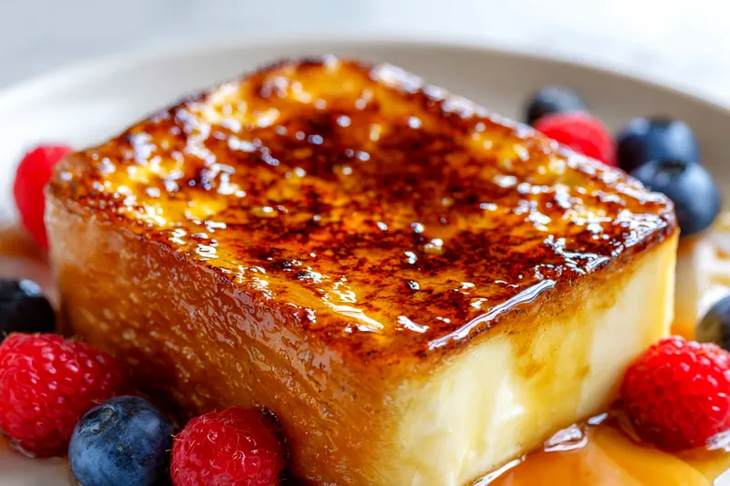 Ingredients for Crème Brûlée French Toast laid out on a wooden table.