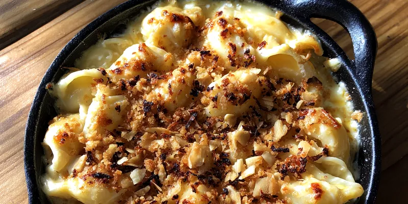 A steaming bowl of creamy Crockpot Macaroni and Cheese Delight topped with parsley.