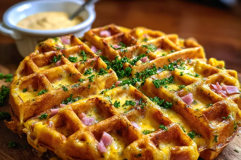 A close-up of cooking Crunchy Ham and Cheese Chaffles in a waffle maker, showcasing the golden brown texture.