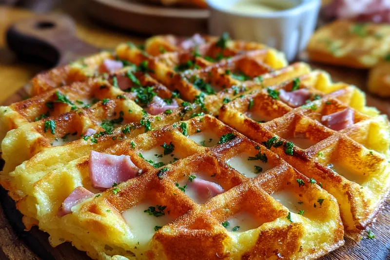 An arrangement of ingredients for Crunchy Ham and Cheese Chaffles, featuring ham, cheeses, and almond flour.