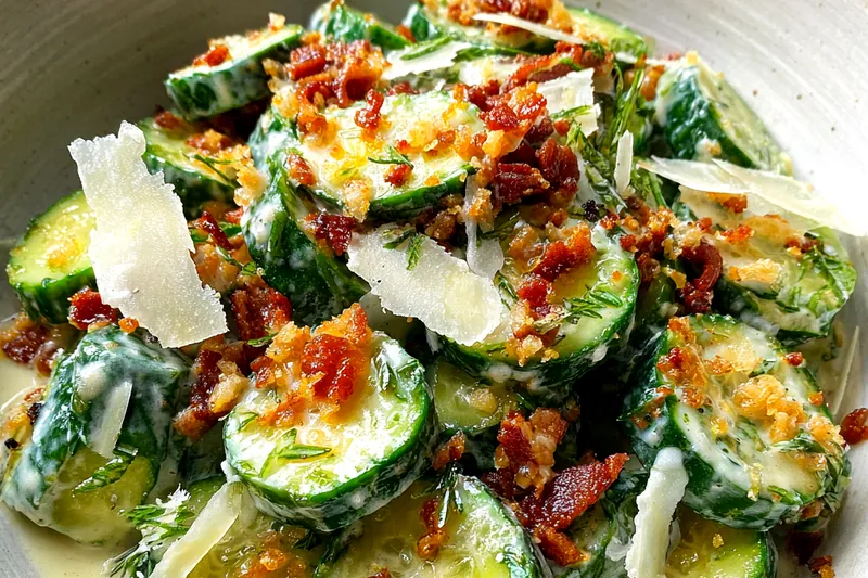 A step-by-step process showing Chef Mitchell assembling Cool Caesar Cucumbers, focusing on the mixing of ingredients.