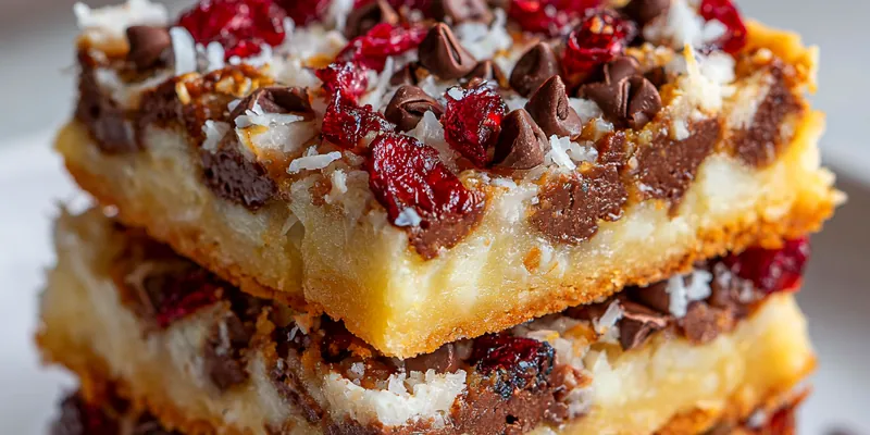 A close-up view of beautifully cut Decadent Chocolate Cranberry Bars, showcasing chocolate chunks and cranberries.