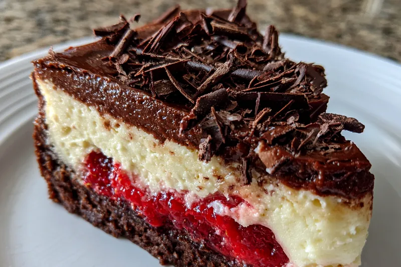 An assortment of ingredients for Indulgent Chocolate Raspberry Cheesecake, including cream cheese, chocolate, and raspberries.