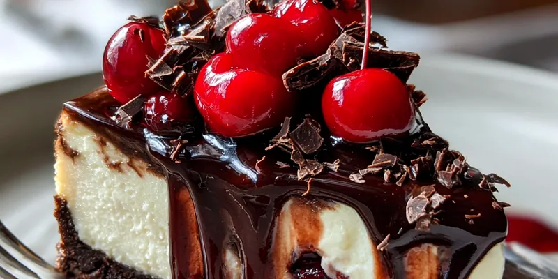 A slice of decadent Black Forest Cheesecake topped with cherries and chocolate shavings.