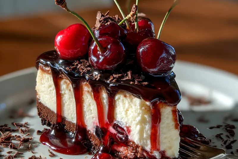 Ingredients for Black Forest Cheesecake including chocolate, cherries, and cream cheese.
