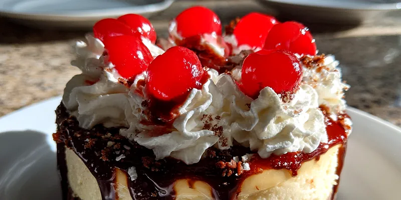 Delicious Decadent Chocolate Cherry Cheesecake served on a plate