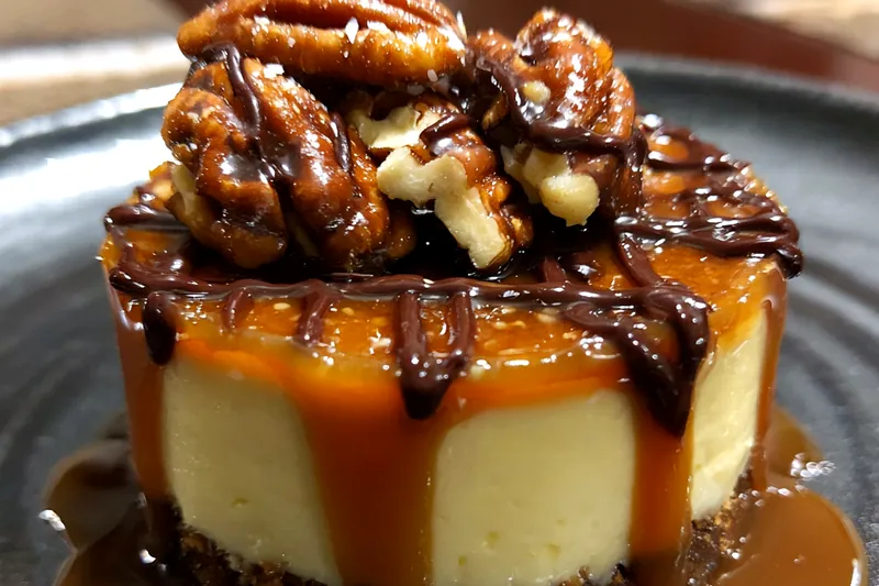 Cooking process for Decadent Pecan Caramel Cheesecake