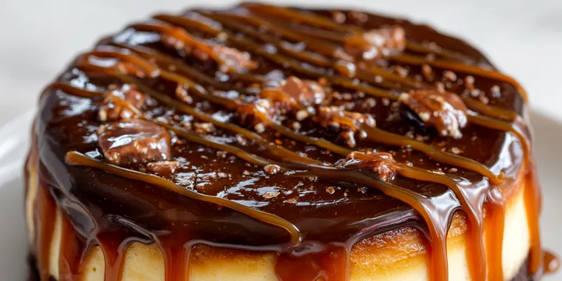 Decadent Turtle Fudge Cheesecake with caramel and pecans