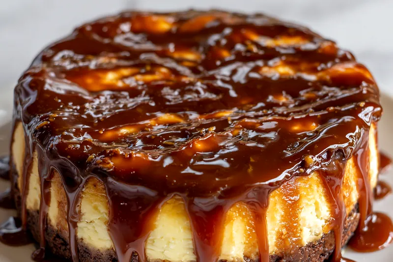 Ingredients for Turtle Fudge Cheesecake including cream cheese, chocolate chips, and pecans