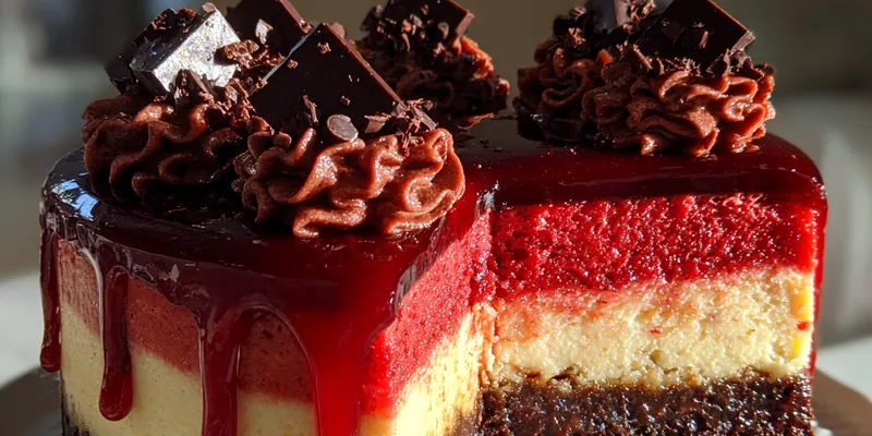 Delicious Decadent Velvet Cheesecake served on a plate