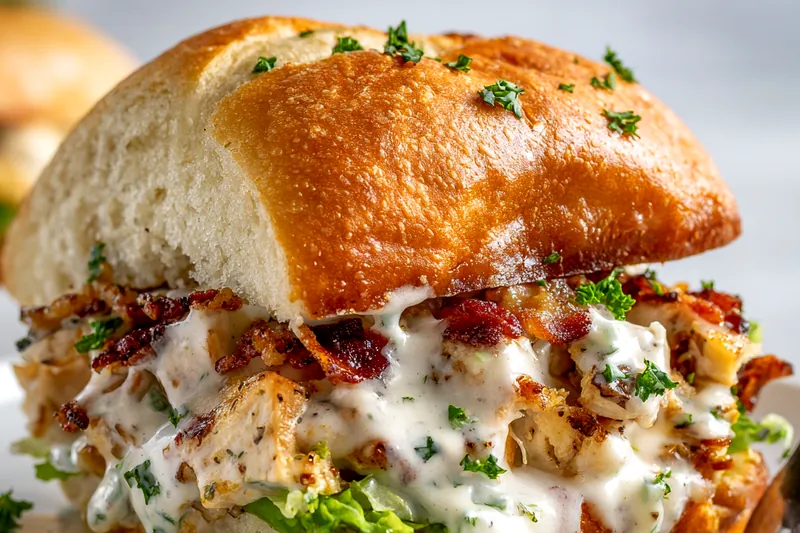 Ingredients for chicken bacon ranch sandwich laid out on a counter