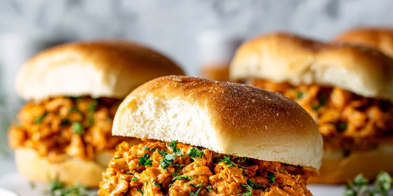 Delicious Chicken Alfredo Sloppy Joes served on a wooden board