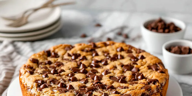 Delicious chocolate chip cookie cake topped with chocolate chips