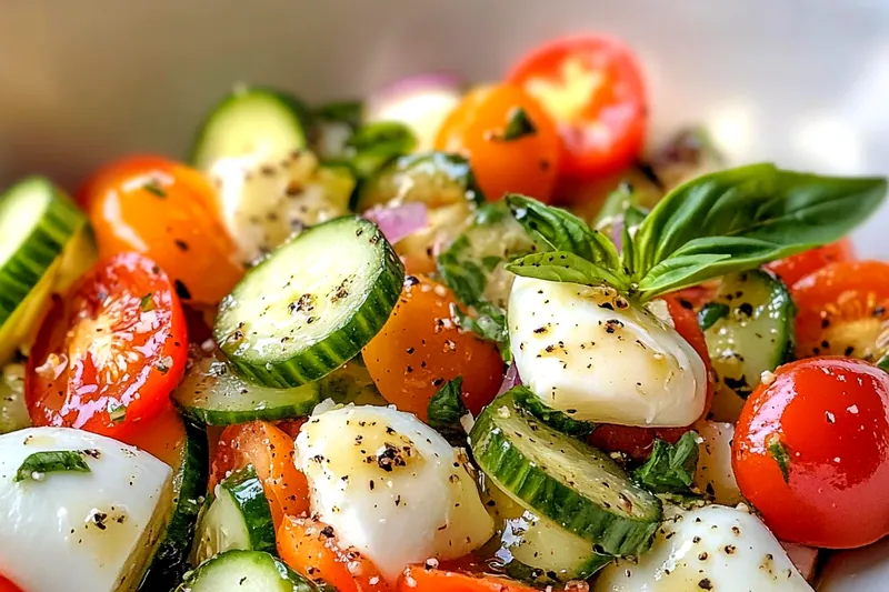 Ingredients laid out for Refreshing Cucumber Caprese Dish including cucumbers, tomatoes, mozzarella, and basil.