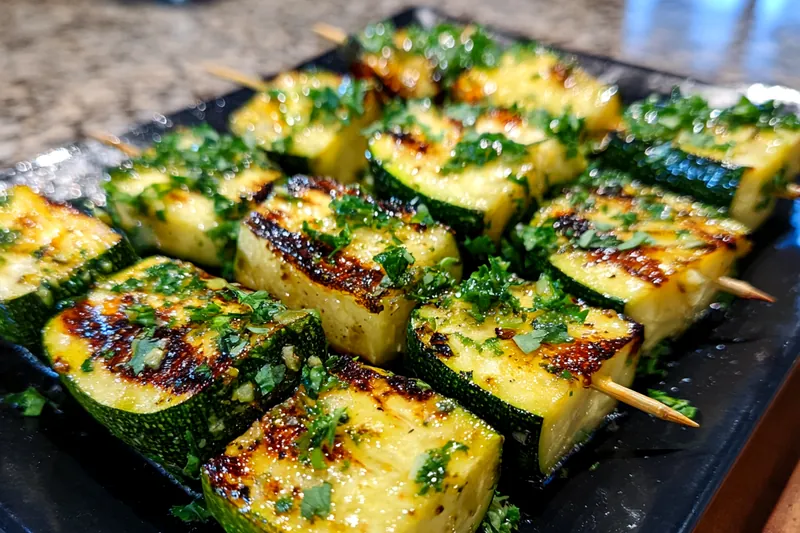 An assortment of fresh zucchinis and garlic beside melted butter in a rustic kitchen setting.