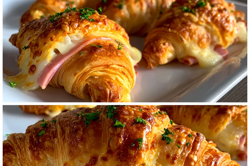 Fresh ingredients for Easy Ham Cheese Croissants including ham, cheese, and puff pastry.