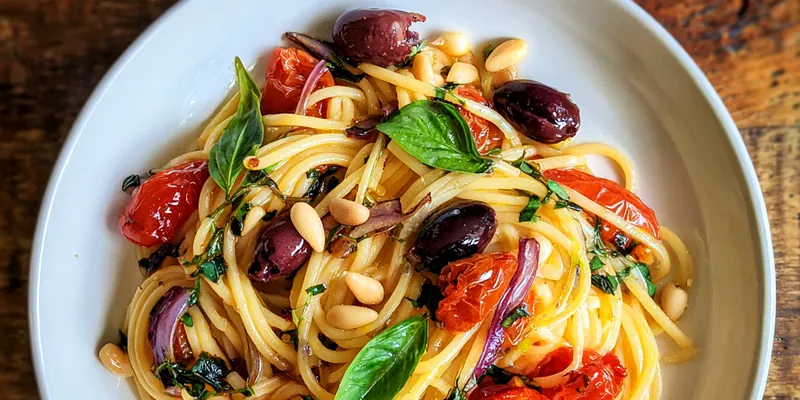 A beautifully plated bowl of Easy Mediterranean Pasta Delight topped with fresh parsley and feta cheese.