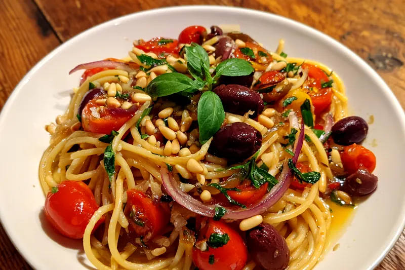 A colorful spread of fresh ingredients including pasta, tomatoes, olives, and herbs for Easy Mediterranean Pasta Delight.