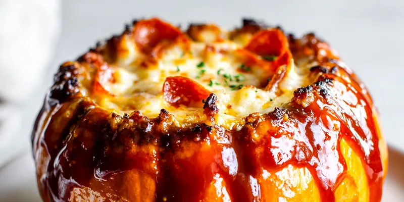 Delicious pizza-stuffed pumpkins on a festive Halloween table.