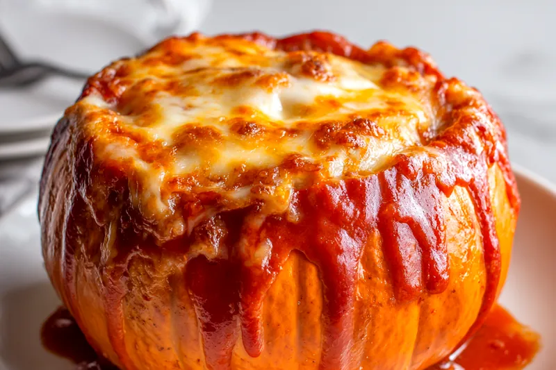 Fresh ingredients for pizza-stuffed pumpkins laid out on a table.