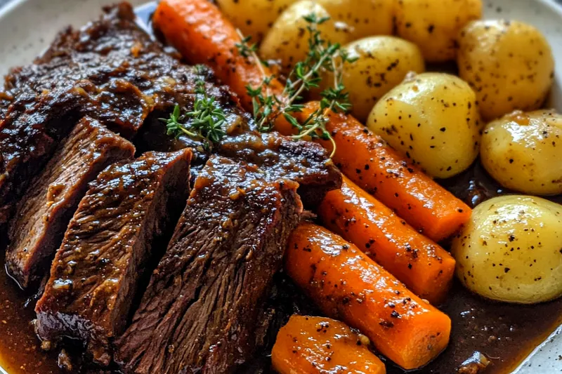 Chef Mitchell stirring the sauce for Easy Stracotto Italian Pot Roast in a Dutch oven.