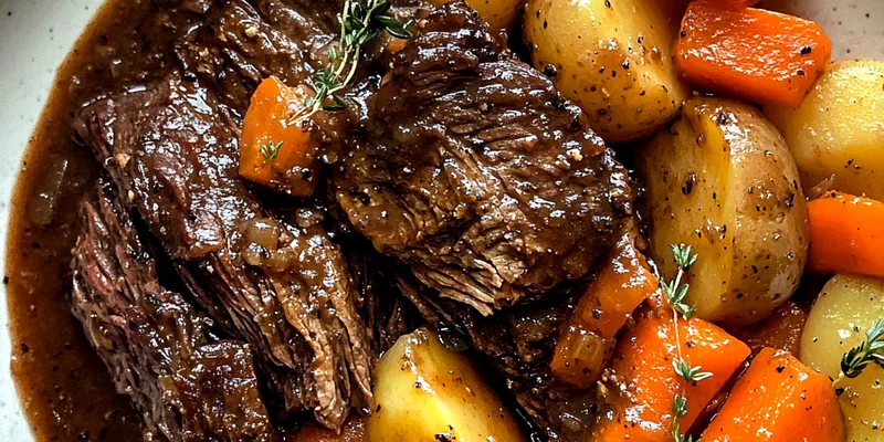 A beautifully plated Easy Stracotto Italian Pot Roast garnished with fresh parsley and served with vegetables.