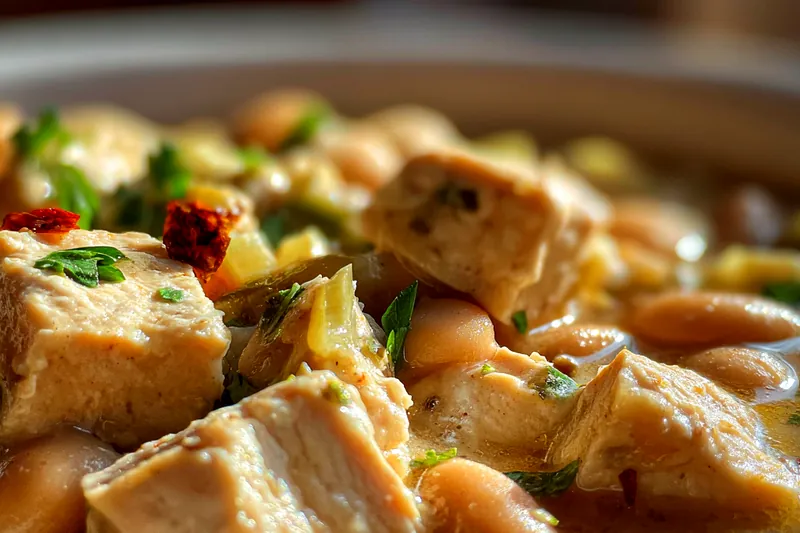 Cooking pot filled with simmering white chicken chili