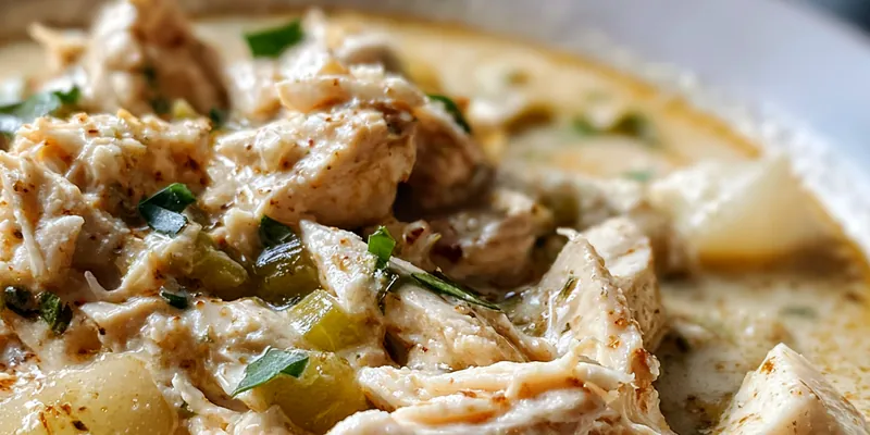 Bowl of white chicken chili topped with cilantro and lime wedges