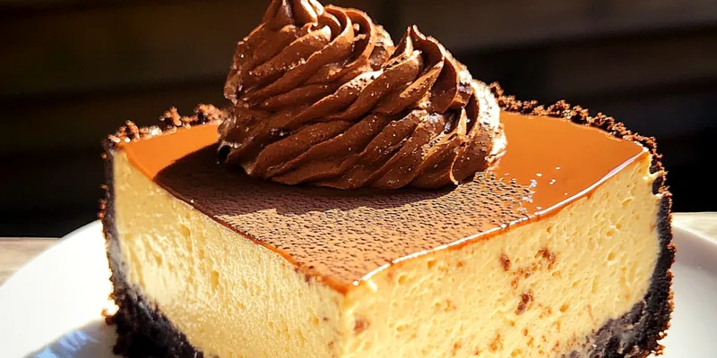 A beautifully plated Decadent Espresso Cheesecake garnished with chocolate shavings and a dollop of whipped cream.