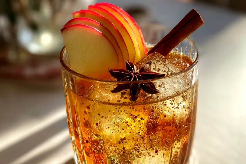 A simmering pot of Autumn Spiced Bourbon Delight, showcasing the rich colors and inviting aroma.