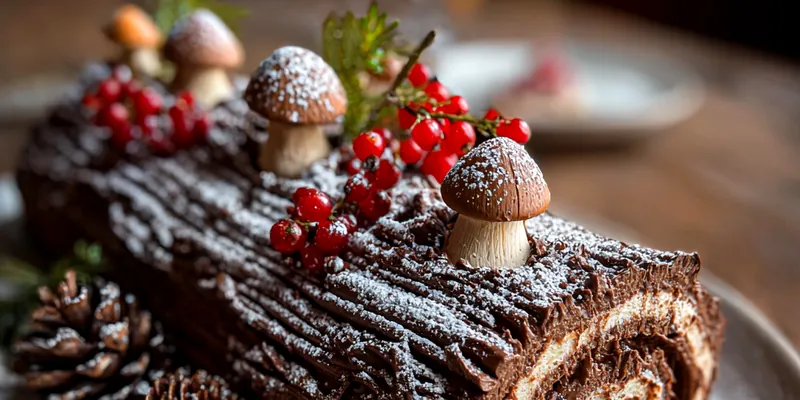 Delicious Festive Chocolate Log Cake served on a plate