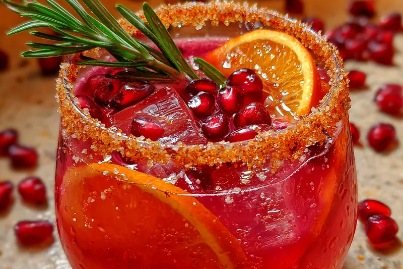 Cooking process for Festive Cranberry Pomegranate Holiday Beverage with Spiced Sugar Rim