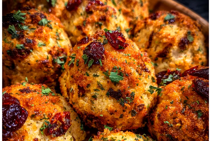 The cooking process of Cranberry Turkey Stuffing Balls, showing them baking in the oven until golden brown.