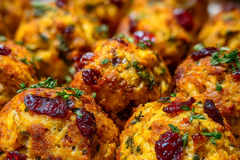 An assortment of fresh ingredients for making Cranberry Turkey Stuffing Balls, including turkey, cranberries, and herbs.