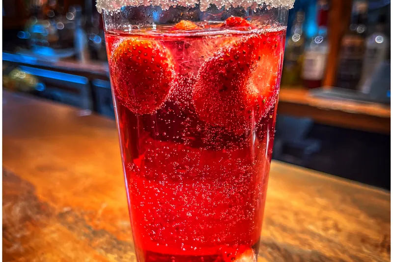 Mixing ingredients for Festive Strawberry Fizz in a pitcher, ready to be served.
