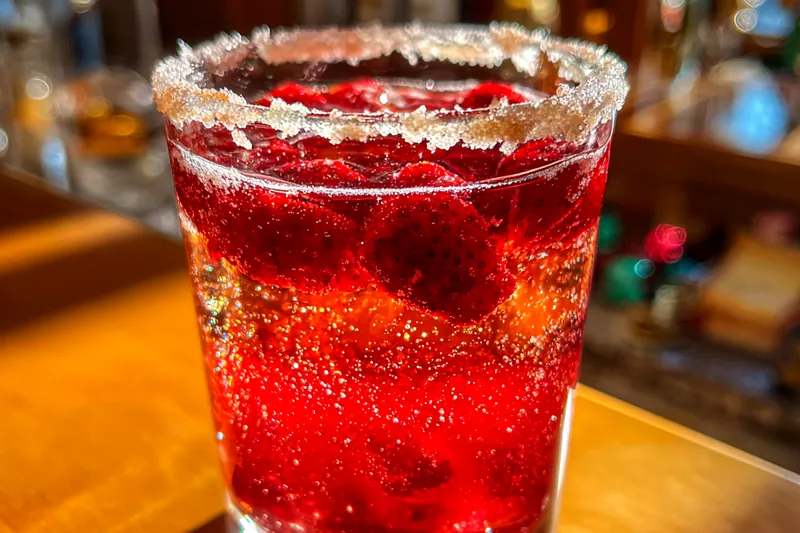 A vibrant display of fresh strawberries, lemon, and sparkling water used in Festive Strawberry Fizz.