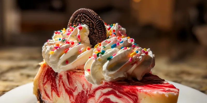 Delicious Festive Velvet Oreo Cheesecake served on a plate