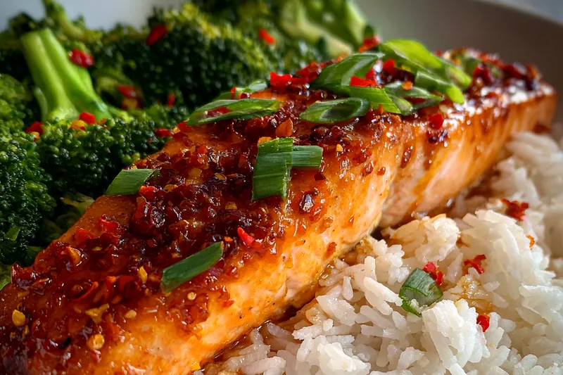 Step-by-step process of cooking Sweet and Spicy Salmon Delight, showcasing the glazing and garnishing stages.