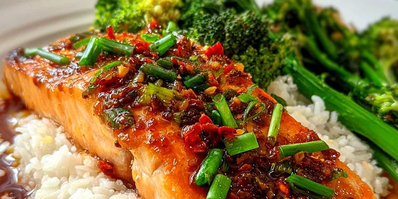 A beautiful dish of Sweet and Spicy Salmon Delight garnished with sesame seeds and green onions served on a plate.