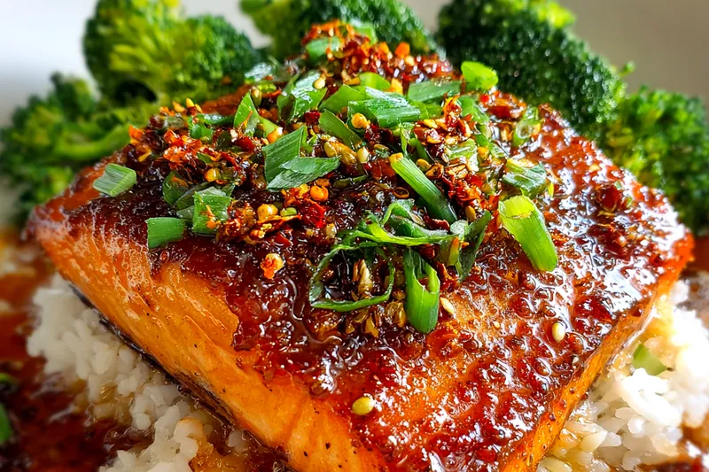 A colorful display of fresh ingredients including salmon, honey, soy sauce, and spices for Sweet and Spicy Salmon Delight.